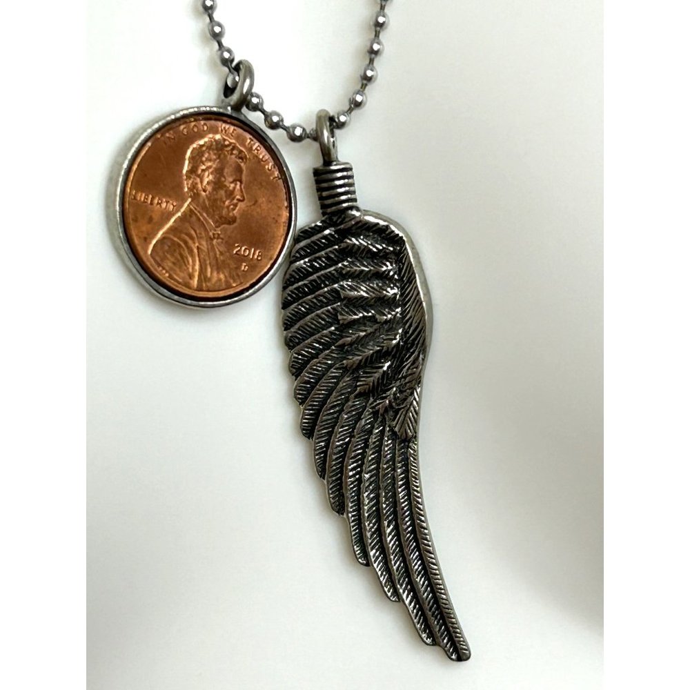 Angel wing & Penny Pendant Fashion Necklace Silver Tone Ball Chain Heaven